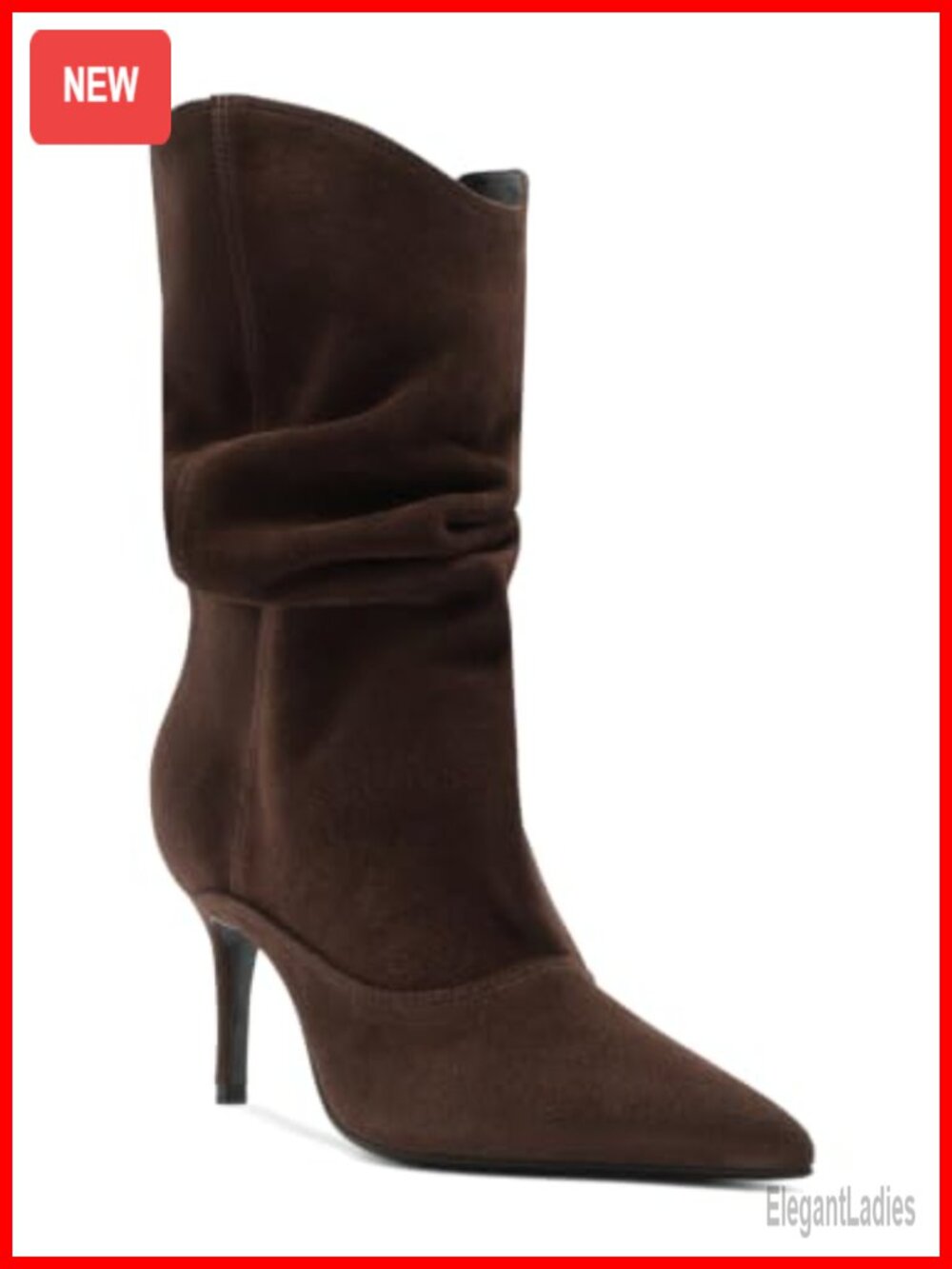 Faux Suede Slouch Mid Calf Boots Pointed Toe Stiletto Heel Pull On